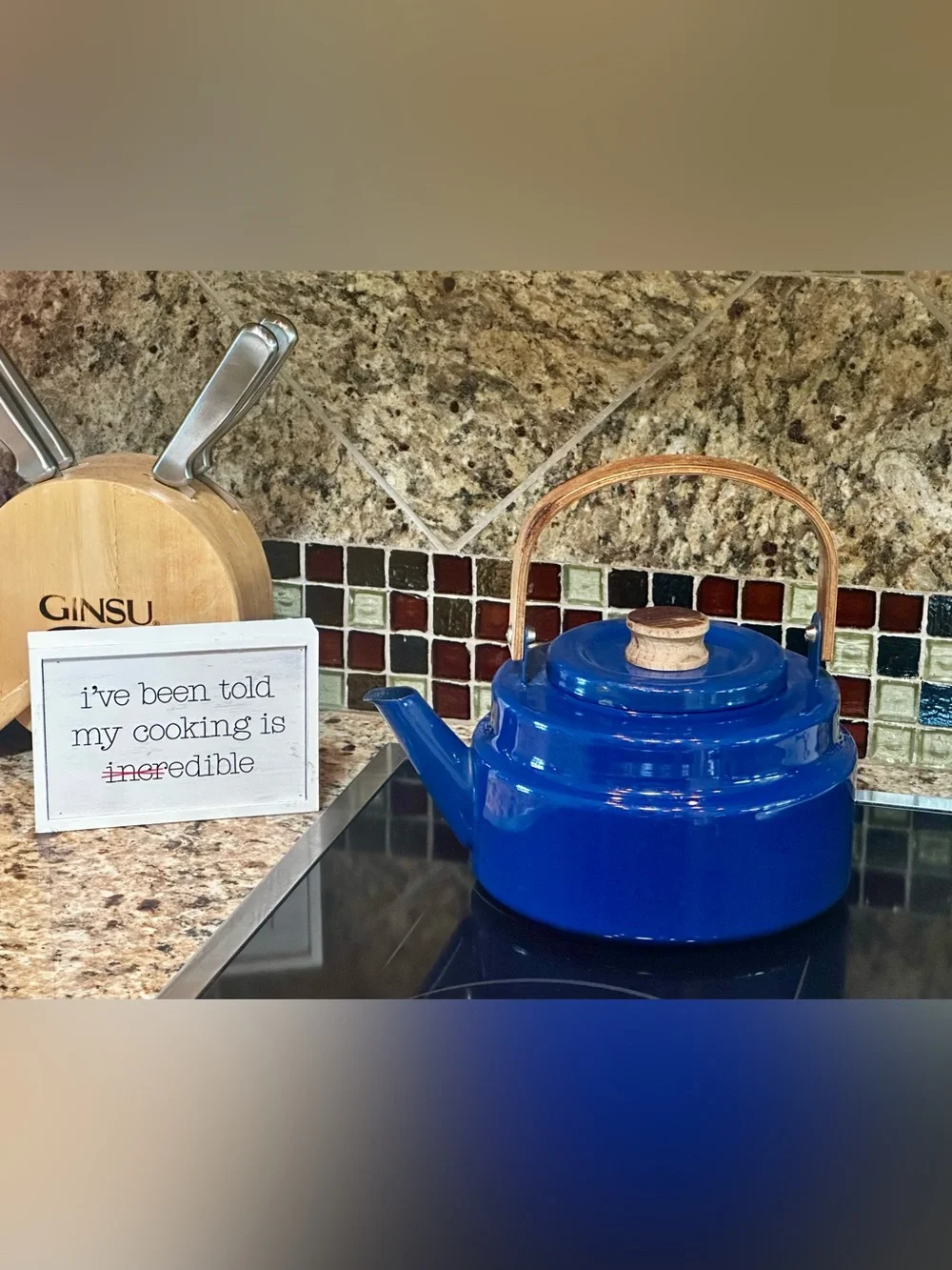 Cobalt Blue Tea Kettle with Teak handle and lid top. Danish Style Pre-owned